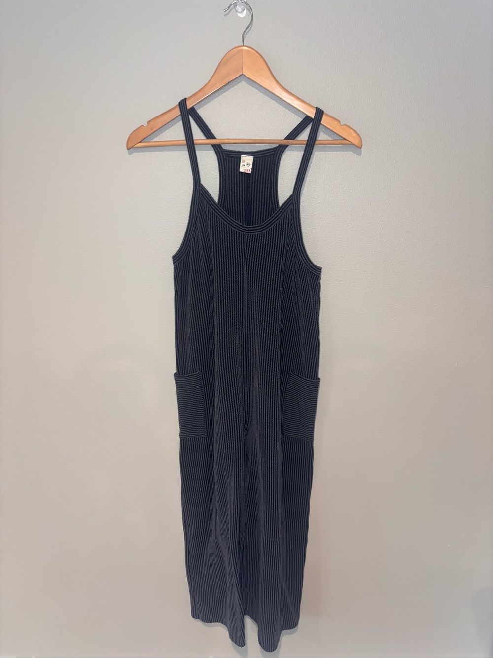 7th RAY Striped Ribbed Tank‎ Jumpsuit in Black & Grey Cropped with Pockets